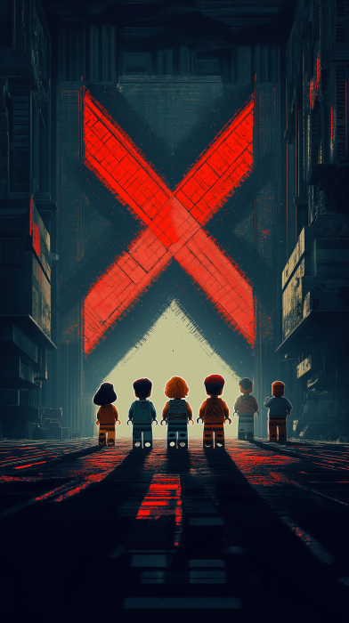 Minimalist Poster with People Walking Towards Metallic X-door