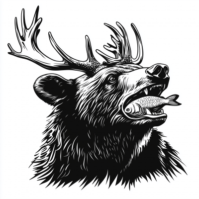 Bear with Deer Antlers and Fish