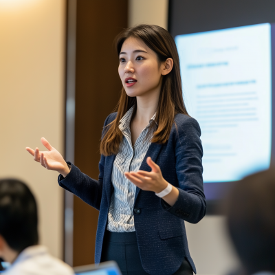 Asian Business Woman Cybersecurity Presentation