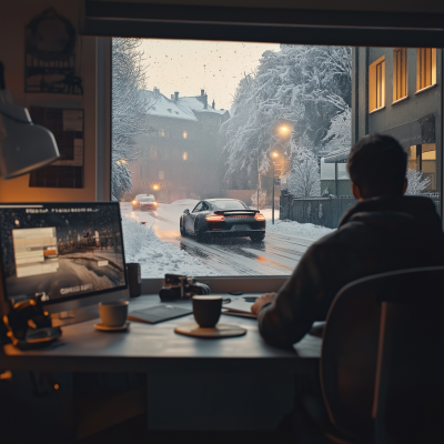 Cozy Office with Snowy View