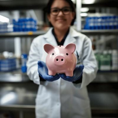 Lab Technician Holding Piggy Bank