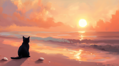 Seaside Sunset with Cat