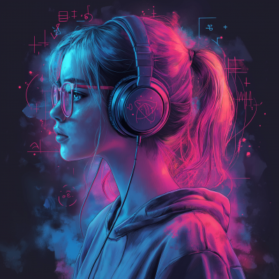 Girl with Headphones and Math Symbols