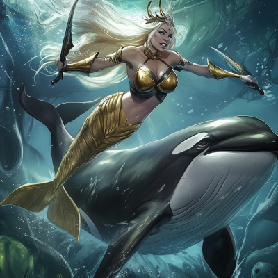 Mermaid Warrior on Giant Orca Whale