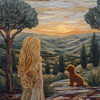 Girl with Dog in Sunset