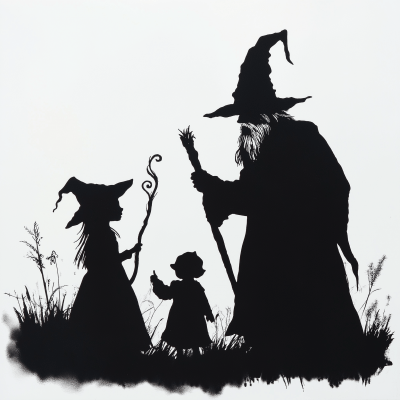 Wizard and Witch Silhouette with Child