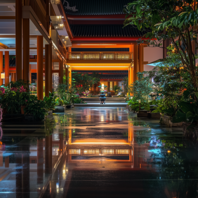 Asian Hotel Garden at Night