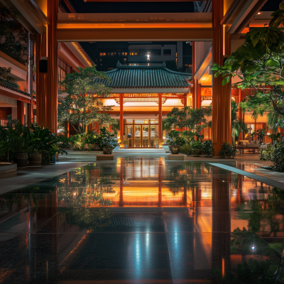 Asian Hotel Garden at Night