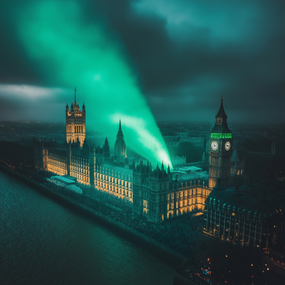 Neon Green Spotlight on London House of Parliament