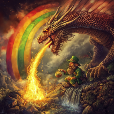 Fantasy Scene with Dragon, Leprechaun and Rainbow