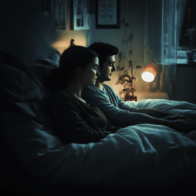 Alarmed Couple in Bed