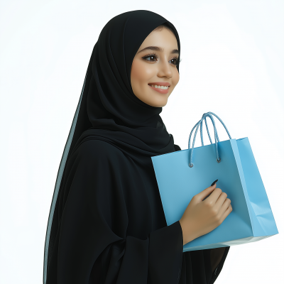 Smiling Muslim Woman with Shopping Bag