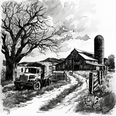 Black and White Farm Drawing