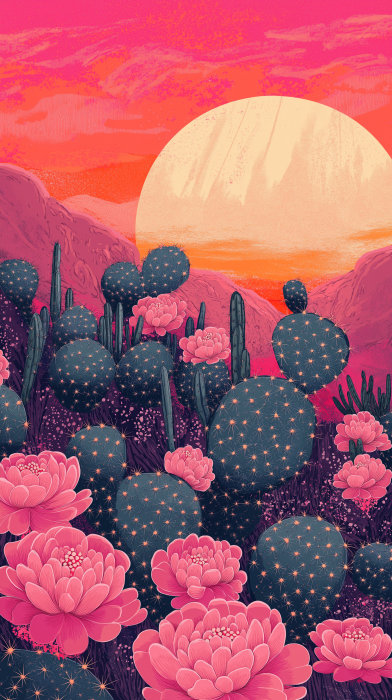 Pink Cactus Garden at Sunset