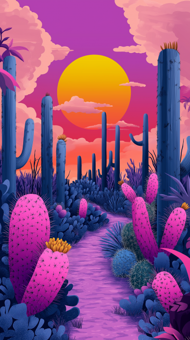 Pink Cactus Garden at Sunset