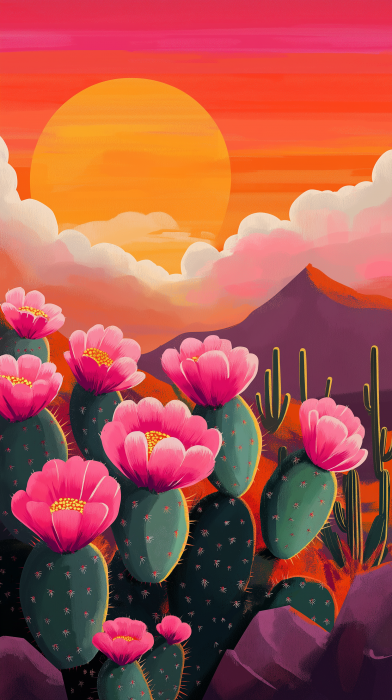 Pink Cactus Garden at Sunset