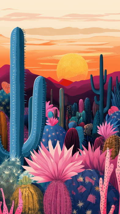 Pink Cactus Garden at Sunset