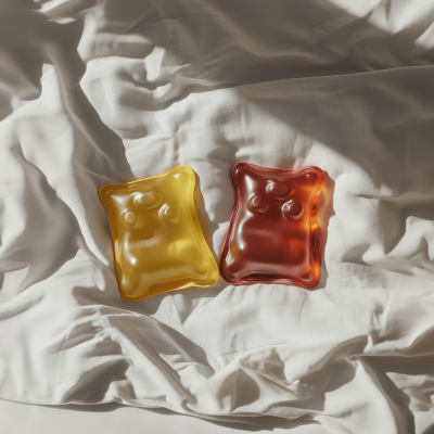 Top Down View of Gummy Pouches on Bedsheet