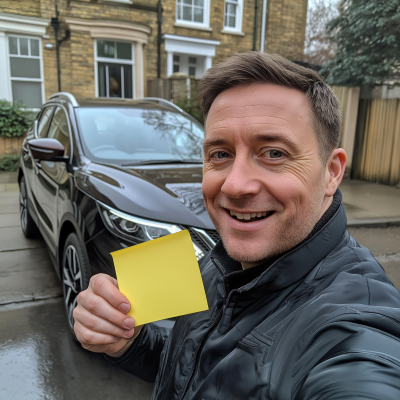 Cheerful Selfie with Sticky Note