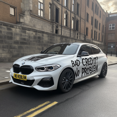 White BMW 1 Series with ‘BAD CREDIT? NO PROBLEM’ Decal