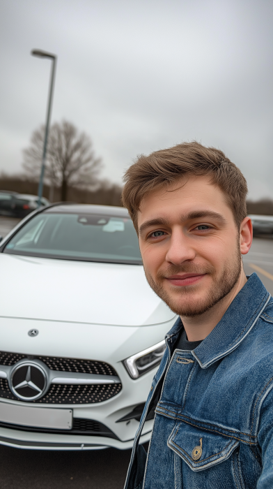 British Man Taking Selfie with White Car