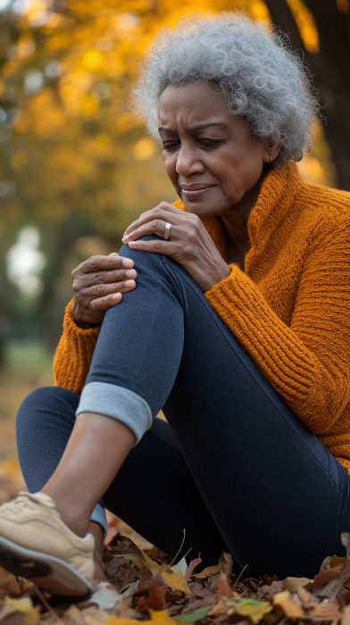 Senior Woman with Ankle Pain in Autumn Park