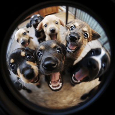 Playful Puppies vs Fish Eye Lens Camera