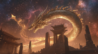 Golden Chinese Dragon in Ancient Ruins