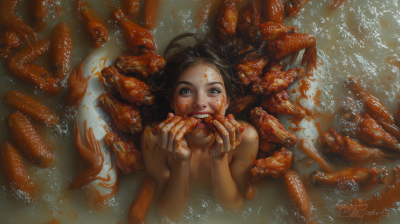 Happy Girl Eating Buffalo Wings in Baroque Style