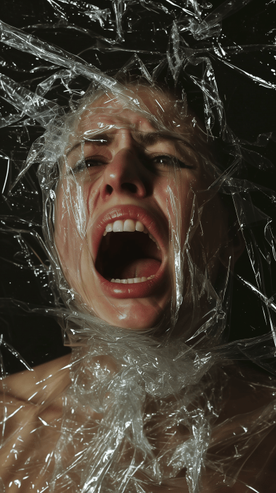 Frantic Woman in Plastic Wrap