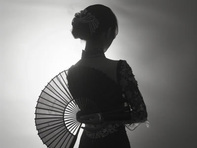 Woman with Fan in Black and White