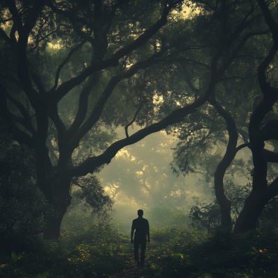 Solitary Figure in Mystical Forest