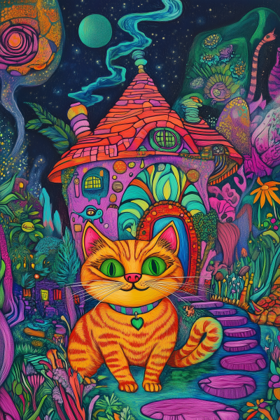 Psychedelic Cat in a Colorful House