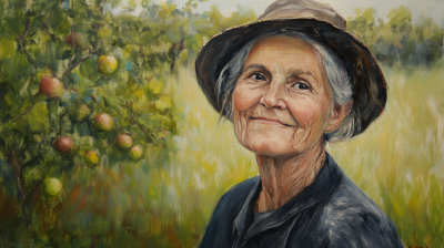 Amish Farmer Overlooking Orchard