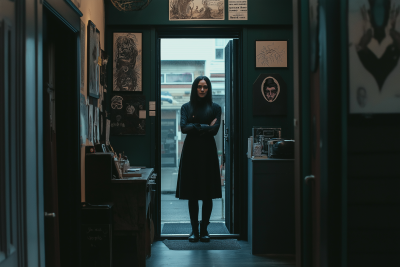 Goth Tattoo Artist Waiting in Tattoo Shop