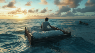 Manuel Turizo Sitting Over a Bed in the Middle of the Sea