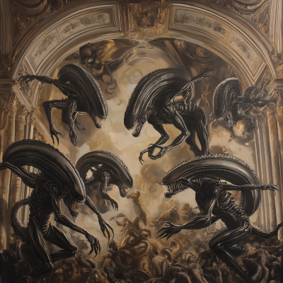 Xenomorph Battle in Mannerist Style