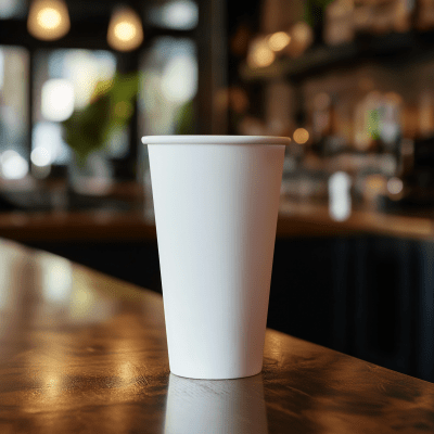 White Plastic Drink Cup on Wooden Bar Counter