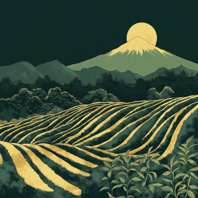 Japanese Tea Fields with Mount Fuji