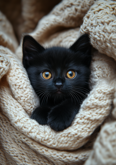 Cute Black Kitten on Blanket