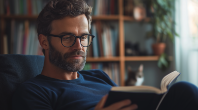 Nerdy Man Reading in Living Room