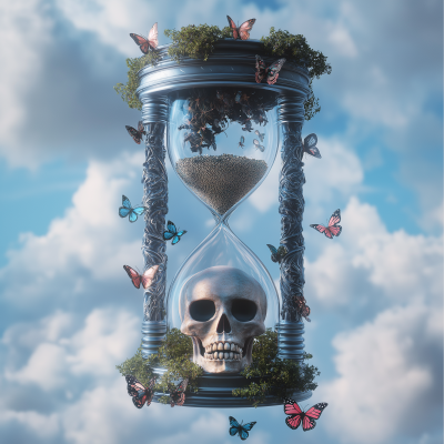 Metal Hourglass with Butterflies and Skull