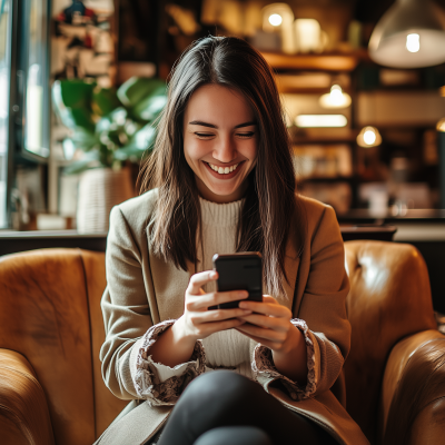 Woman texting in a modern coffee shop