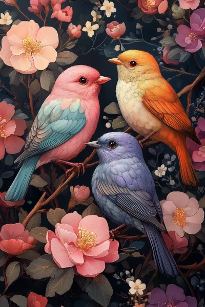 Pastel Birds with Flowers