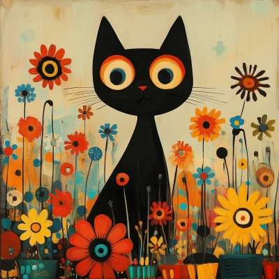 Whimsical Black Cat with Flowers