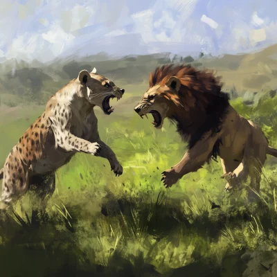 Hyena and Lion Fight