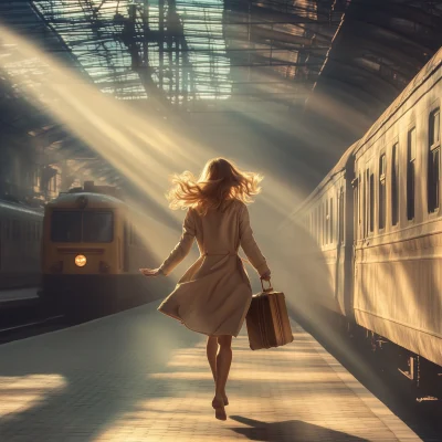 Running Woman at Vintage Train Station