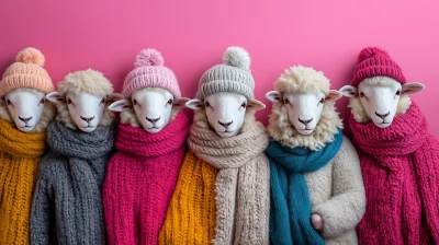 Playful Sheep in Winter Attire