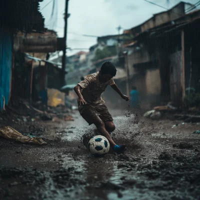 Boy Playing Soccer in the Rain