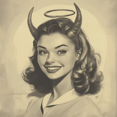 50’s Style Portrait of a Girl with Horns and Halo